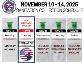Veterans Day Week Pickup Schedule: Reg Monday, No Pickup Tuesday, Pickup Delayed One Day Beginning with Tuesday Pickups on Wednesday