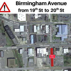 Map showing temporary road closure of a portion of Birmingham Avenue, between 19th and 20th Streets