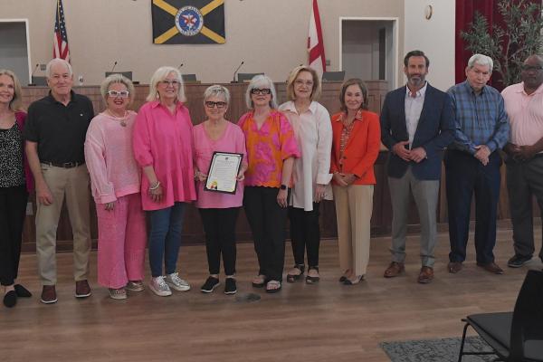 Council, Mayor, and Walker County Hands of Hope pose for Breast Cancer Awareness Month