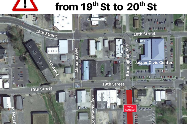Map showing temporary road closure of a portion of Birmingham Avenue, between 19th and 20th Streets