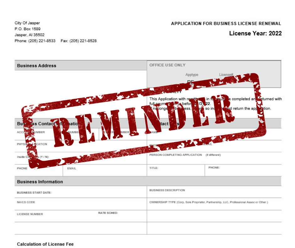 2022 Business License Reminder City of Jasper, AL