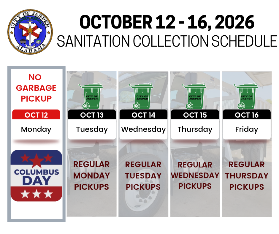 Columbus day week sanitation pickup schedule. Garbage delayed by one day for the week, starting on Tuesday.