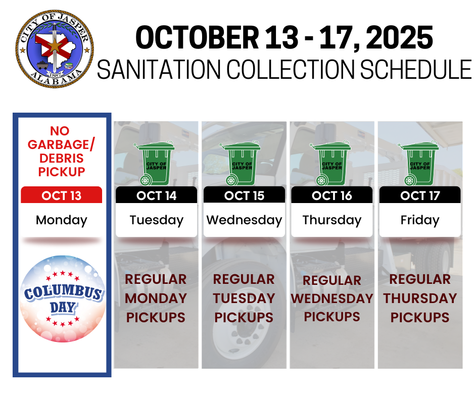 Columbus day week sanitation pickup schedule. Garbage delayed by one day for the week.