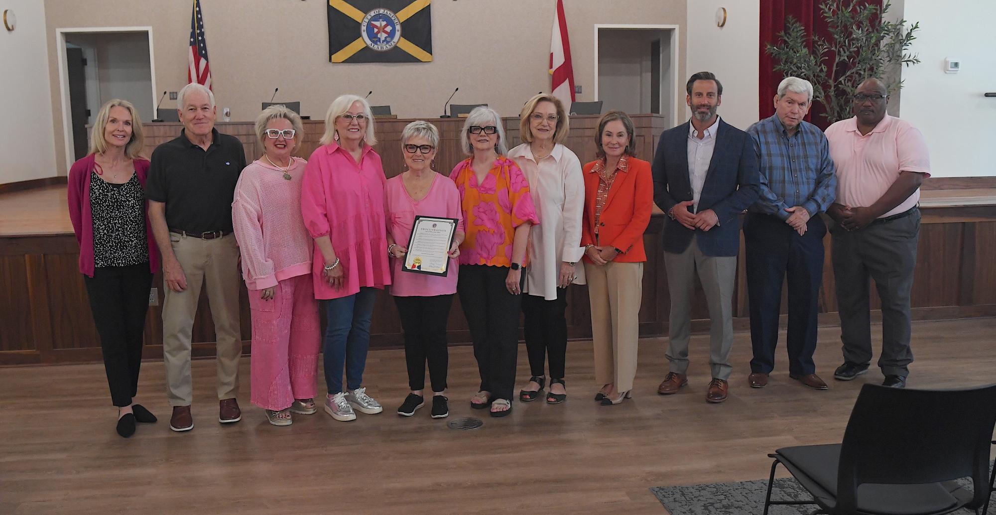 Council, Mayor, and Walker County Hands of Hope pose for Breast Cancer Awareness Month