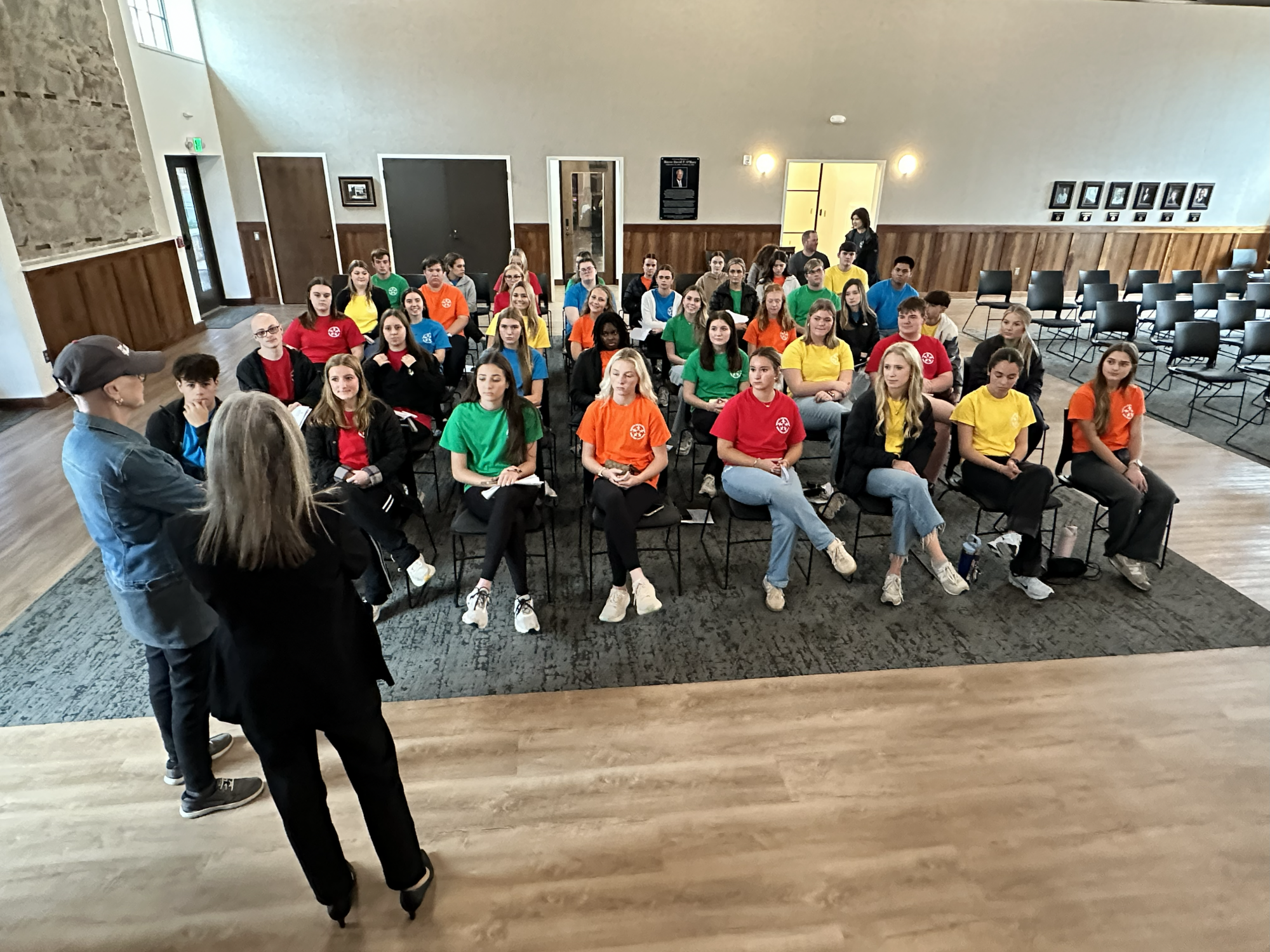 Youth Leadership Walker County students in council chambers. Kathy Chambless and Linda Lewis look on in front