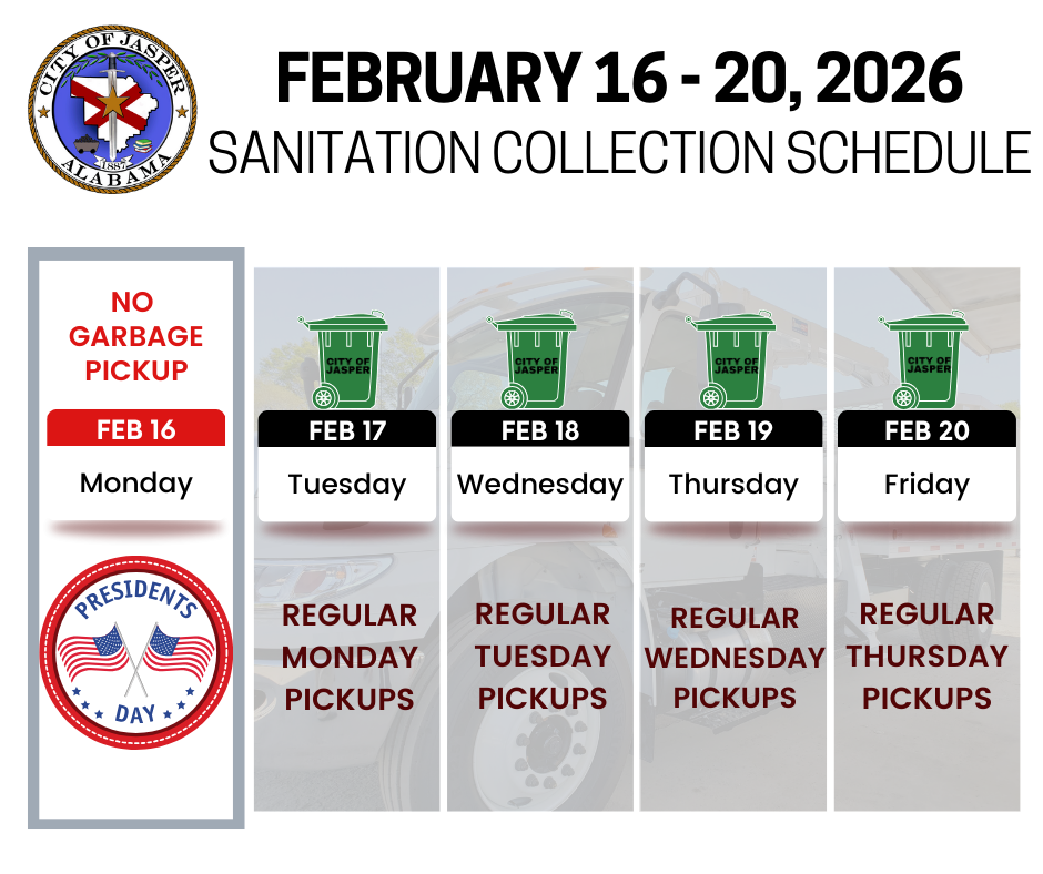 Presidents Day 2026 pickup schedule calendar graphic