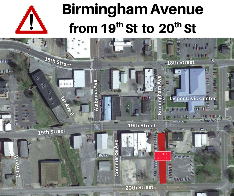 Map showing temporary road closure of a portion of Birmingham Avenue, between 19th and 20th Streets