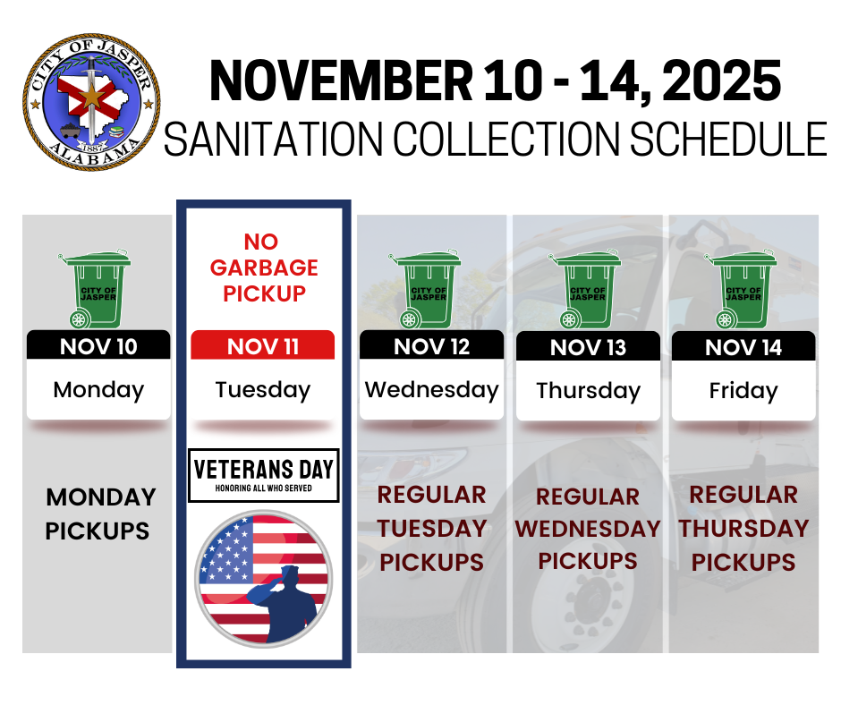 Veterans Day Week Pickup Schedule: Reg Monday, No Pickup Tuesday, Pickup Delayed One Day Beginning with Tuesday Pickups on Wednesday